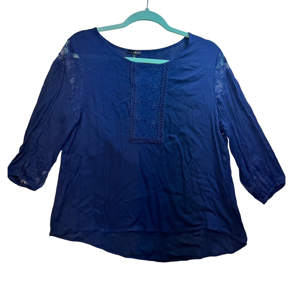 Chloah Lace Trim‎ Blouse 3/4 Sleeve Top Casual Elegant Blue Size M